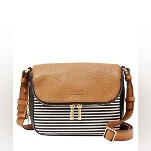 Fossil Preston Flap Black and White Stripe, Camel Leather, Brass Detail